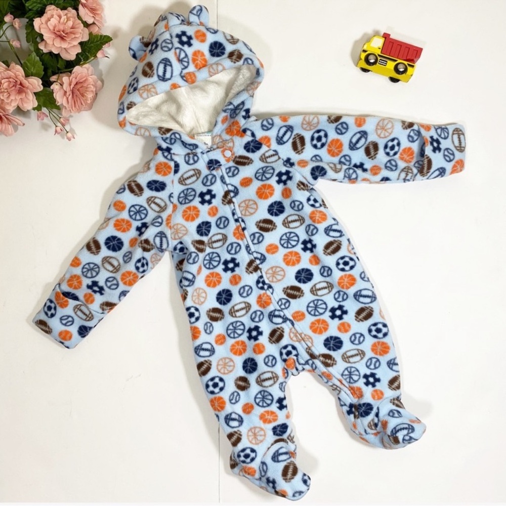 Healthtex Blue Sports Print Pram Fleece Eared Footed Baby Boy Winter Snowsuit